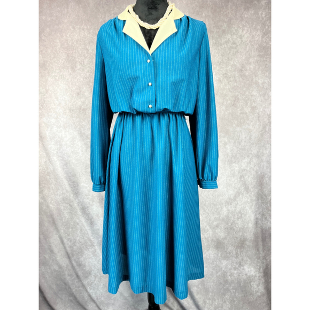 Vintage Oops California‎ Dress S/M Pinstripe Midi Dress Teal Blue Pearl Buttons